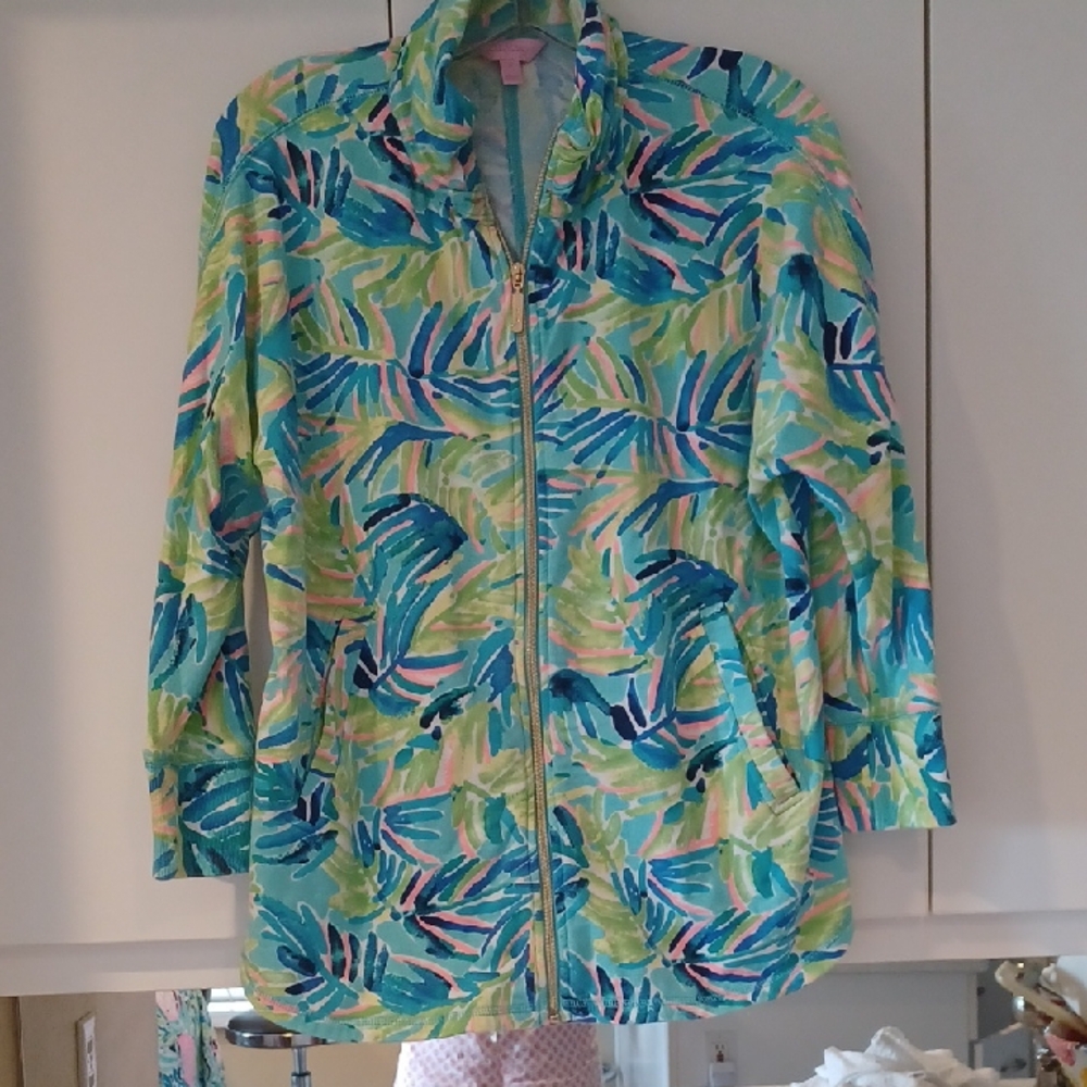 Lilly Pulitzer Blue and Green Tropical Full Zip Sweatshirt